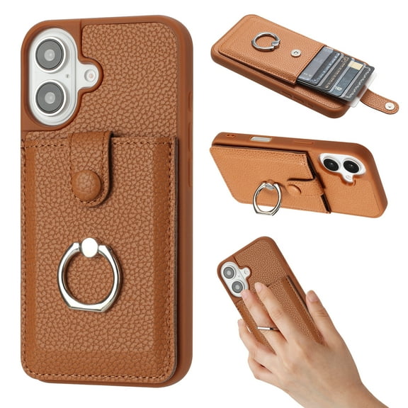 Wallet Phone Case Compatible with iPhone 16 Plus,With 360° Rotatable Finger Ring Holder Kickstand,Card Slots,PU Leather Shockproof Anti-fall Heavy Duty Rugged Phone Case,Brown