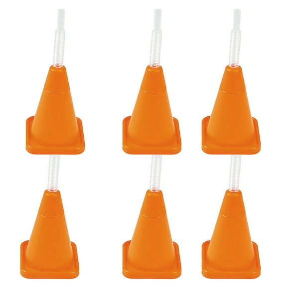 Fun Express Construction Cone Molded Reusable BPA-Free Plastic Cups with Lids & Straws Bulk 48 Ct