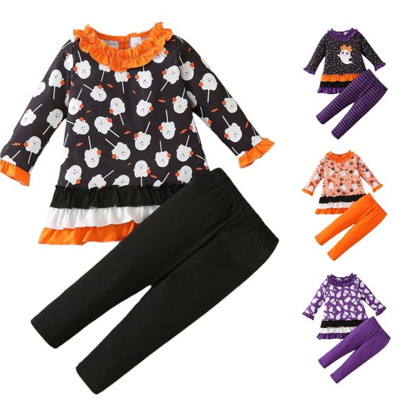 Oiyii Toddler Girl's Cute Halloween Clothes Set Long Sleeve Ghost Print Tops Holiday Tracksuit Leggings Set,Black