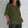 thumbnail image 2 of Ecqkame Women's Cotton Linen Lightweight Tops Summer Casual Loose Half Sleeve Crew Neck Shirt Side Split Solid Color Trend Tunic Tops Army Green M, 2 of 5