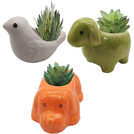India Meets India Ceramic Flower Pot Planter Plant Pot Indoor Planter Handicraft by Awarded Indian Artisan (Dog, Sheep and Bird (Set of 3))