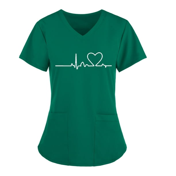 Bseka Infirmière Tops Gommage Tops Femmes Travail Uniforme Imprimés Coeur Modèle d'Allaitement T-Shirts Manches Courtes Médical Uniforme Tops V-Cou Tunique