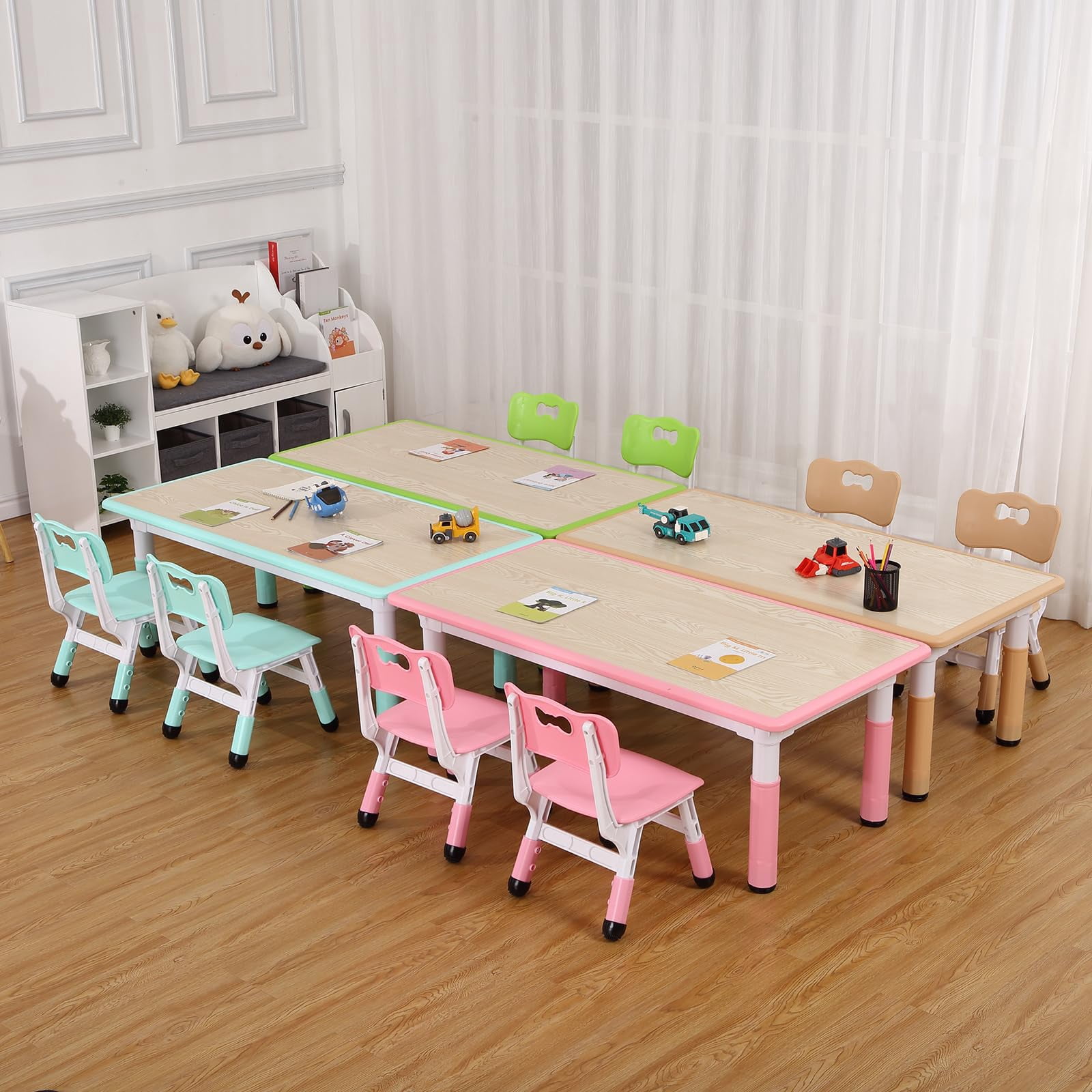 Kids Table and Chairs Set – Adjustable Toddler Table with 6 Chairs, Multi-Activity Table with Graffiti Desktop and Non-Slip Legs for Ages 2-10, Perfect for Daycare, Classroom, or Home