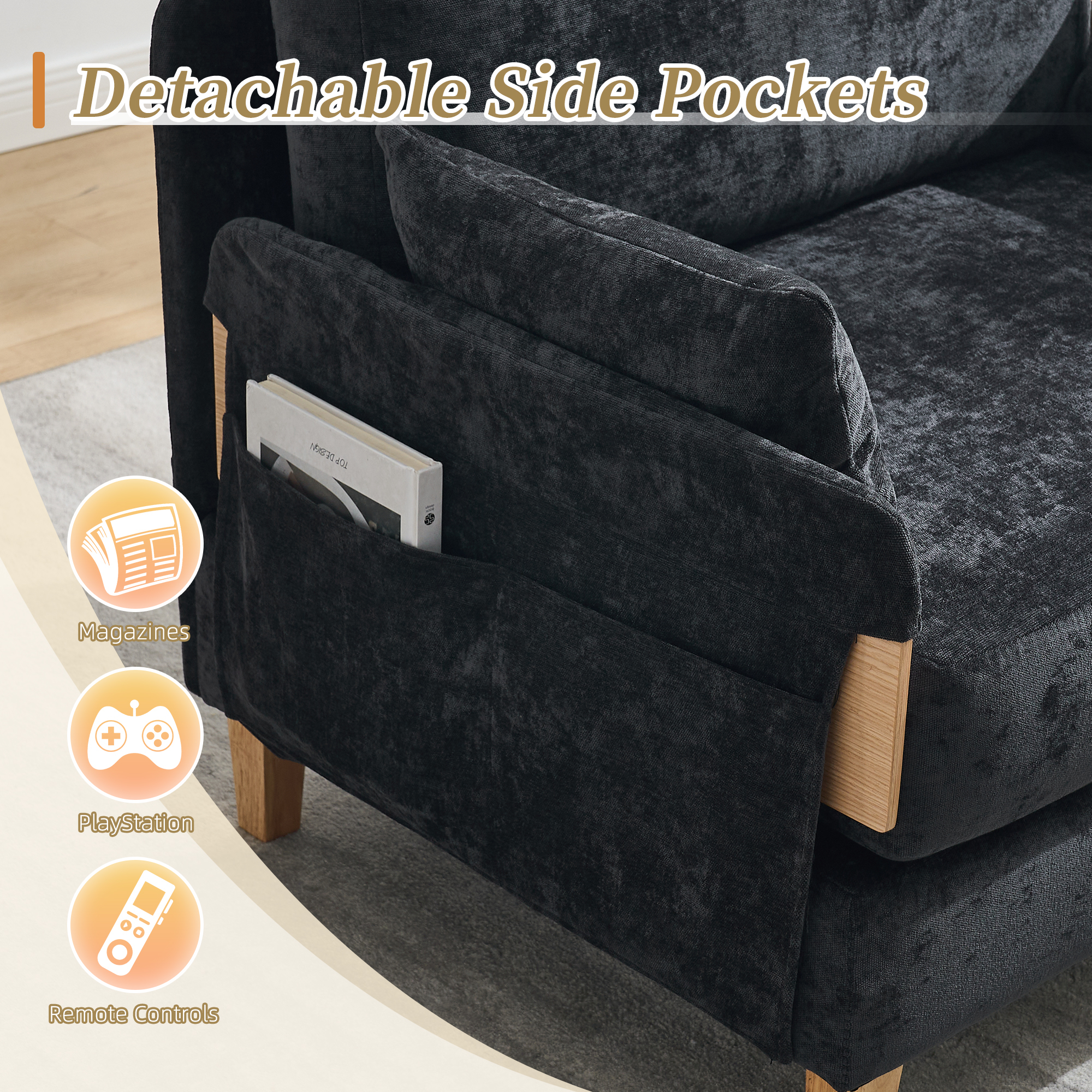 Leumius Foldable Sofa Bed,3-in-1 Convertible Sleeper Chair,Modern Foldable Sofa Chair With 3 Pillows for Small Spaces,Black