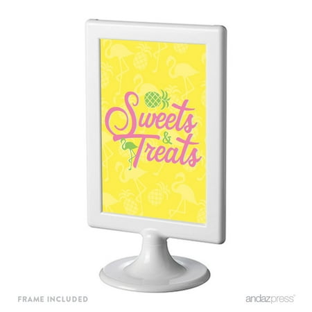Birthday Framed Party Signs, Sweets & Treats, Pink Flamingo and Pineapple Party, 4x6-inch, Includes Frame