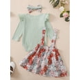 thumbnail image 5 of FEORJGP Toddler Baby Girl 3Pcs Outfits 0 3M 6M 12M 18M Infant Solid Crew Neck Jumpsuits Ribbed Long Sleeve Rompers Floral/Strawberry Print Suspender S Casual Cute Clothes Set for Spring Fall, 5 of 6