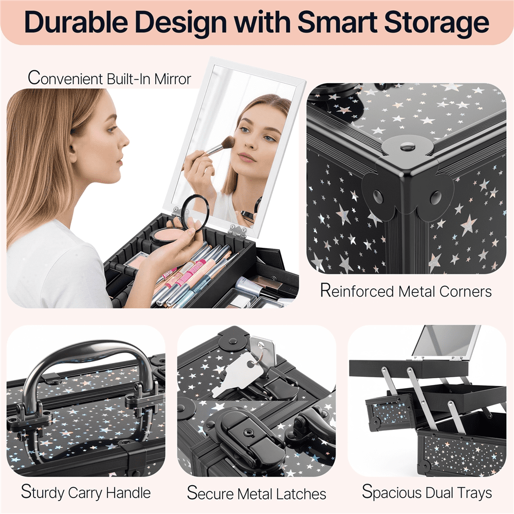 Renwick Portable Makeup Train Case with Mirror and 2 Trays, Black