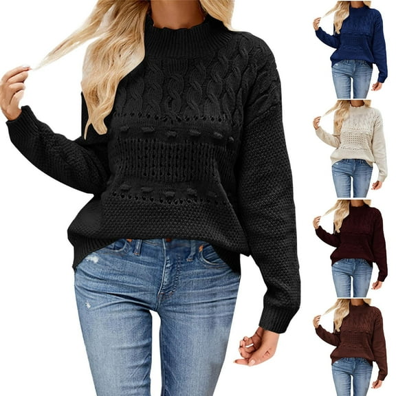 Aboser Women's Mock Neck Sweaters Cozy Cable Knit Pullover Tops Solid Color Long Sleeve Tunic Sweater Loose Fits Casual Jumper Knitwear Black M