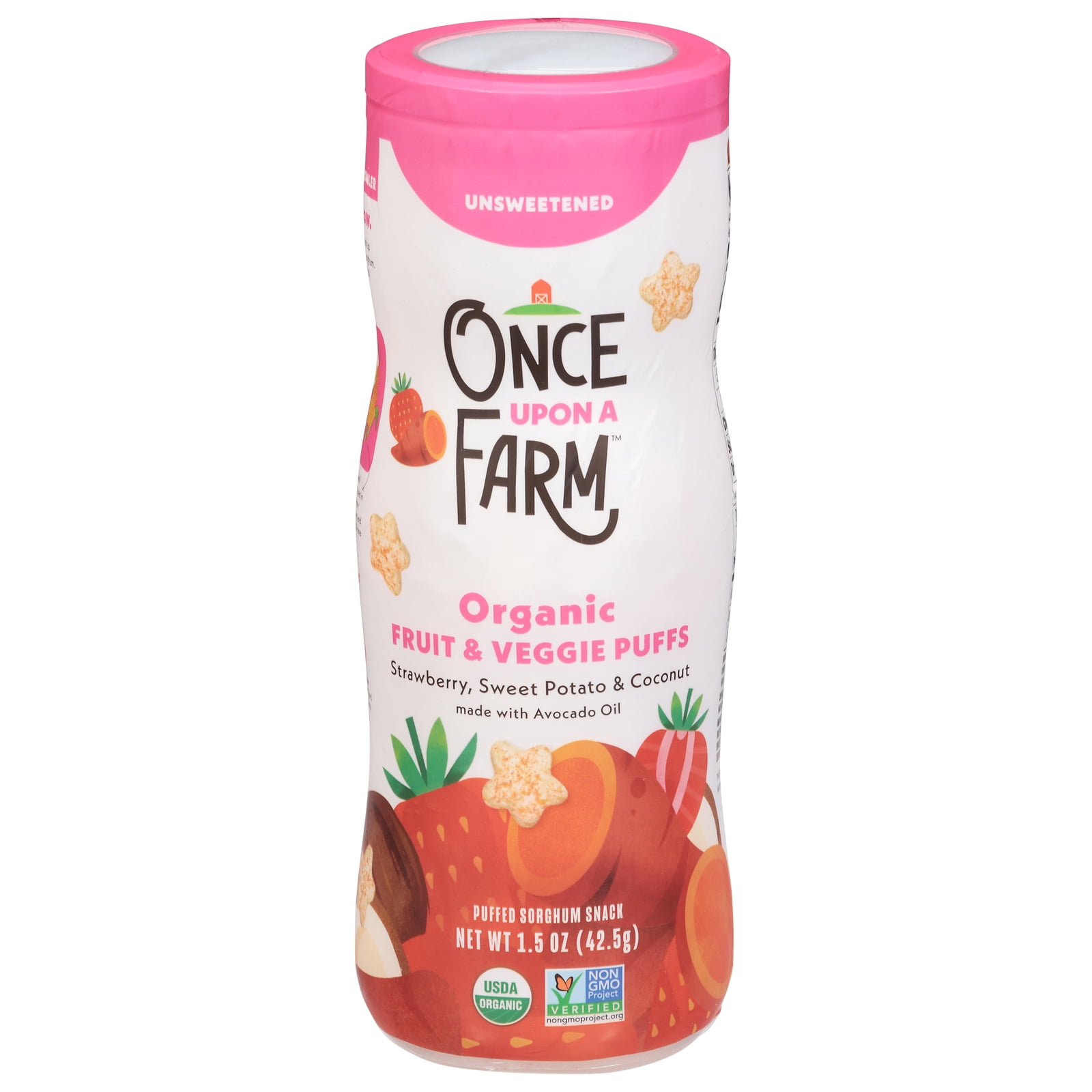 (6 pack) Once Upon a Farm Organic Baby Puffs, Strawberry, Sweet Potato & Coconut, 1.5oz Canister