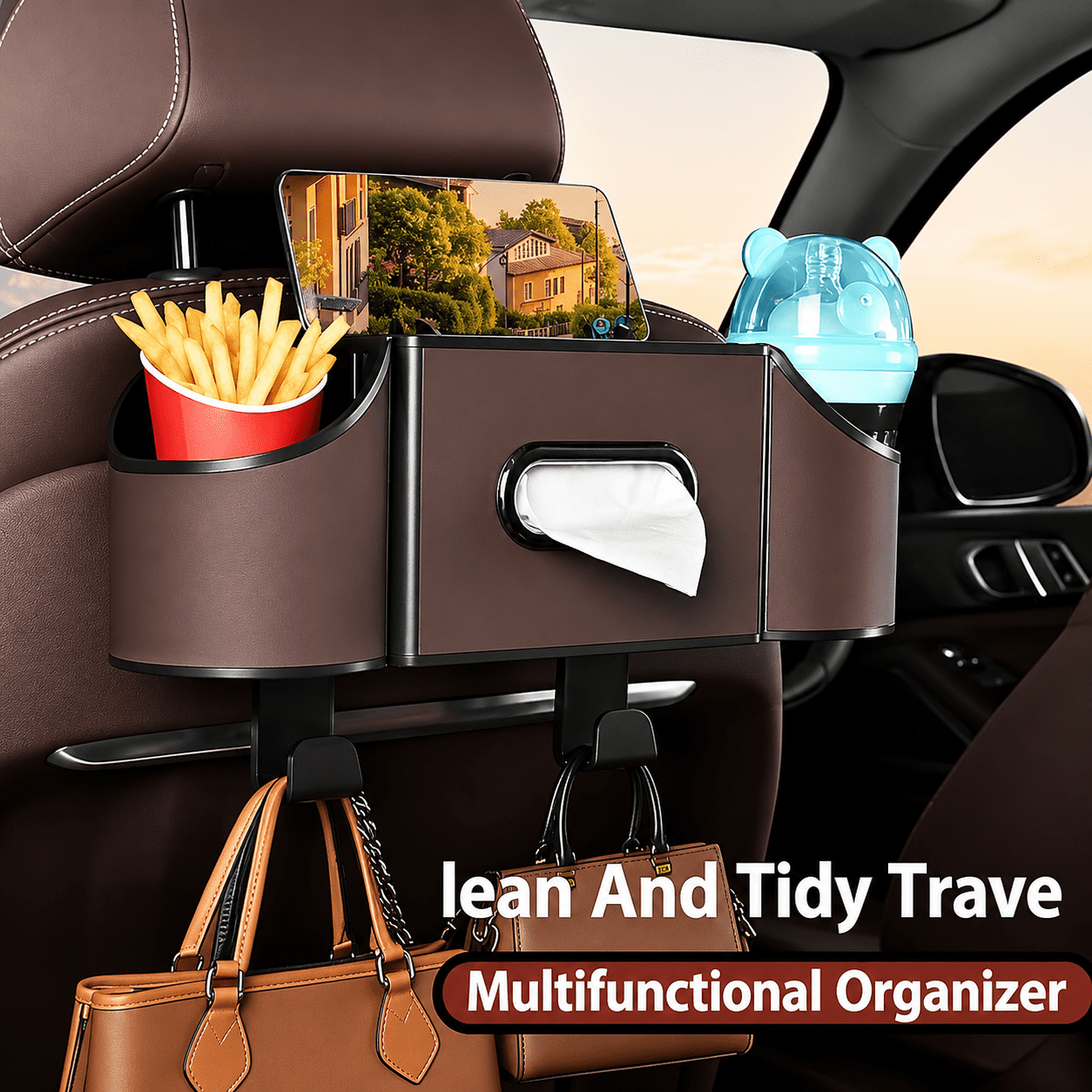 4-in-1 Back Seat Car Organizer with Multi-Pocket Storage & Cup Holders, Universal Fit Backseat Organizer for Travel & Daily Use, BROWN