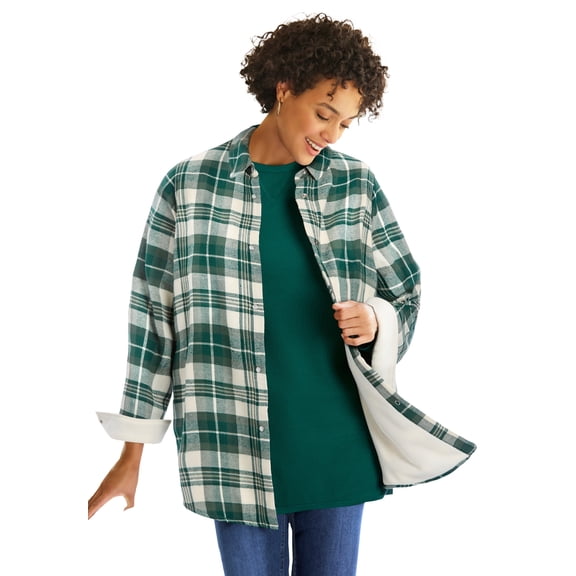 Woman Within Plus Size Fleece Flannel Snap-Front Shirt