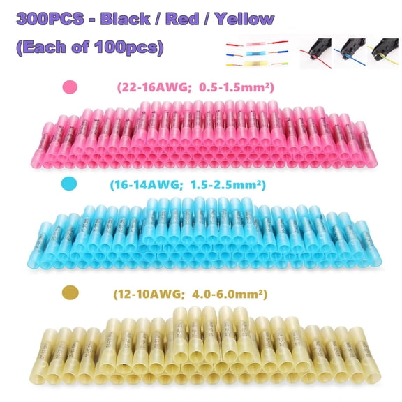 ASKITO 300PCS Heat Shrink Butt Connectors, 12-10 AWG 16-14 AWG 22-16 AWG Mixed Colors Insulated Crimp Butt Splice Electrical Wire Connectors for Cable, Car, Boat, Home Electrical