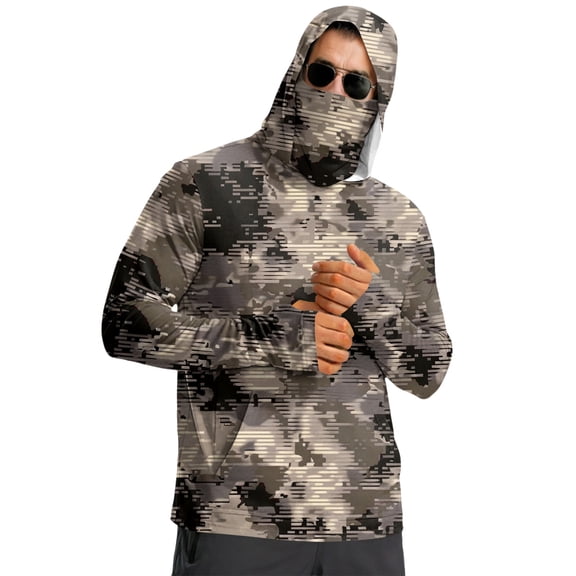 Sun Camo Shirts for Men with Mask UV Spf Upf 50 Rash Guard Sun Shirts Fishing Lightweight Long Sleeve Cooling Shirts,Gray 2XL