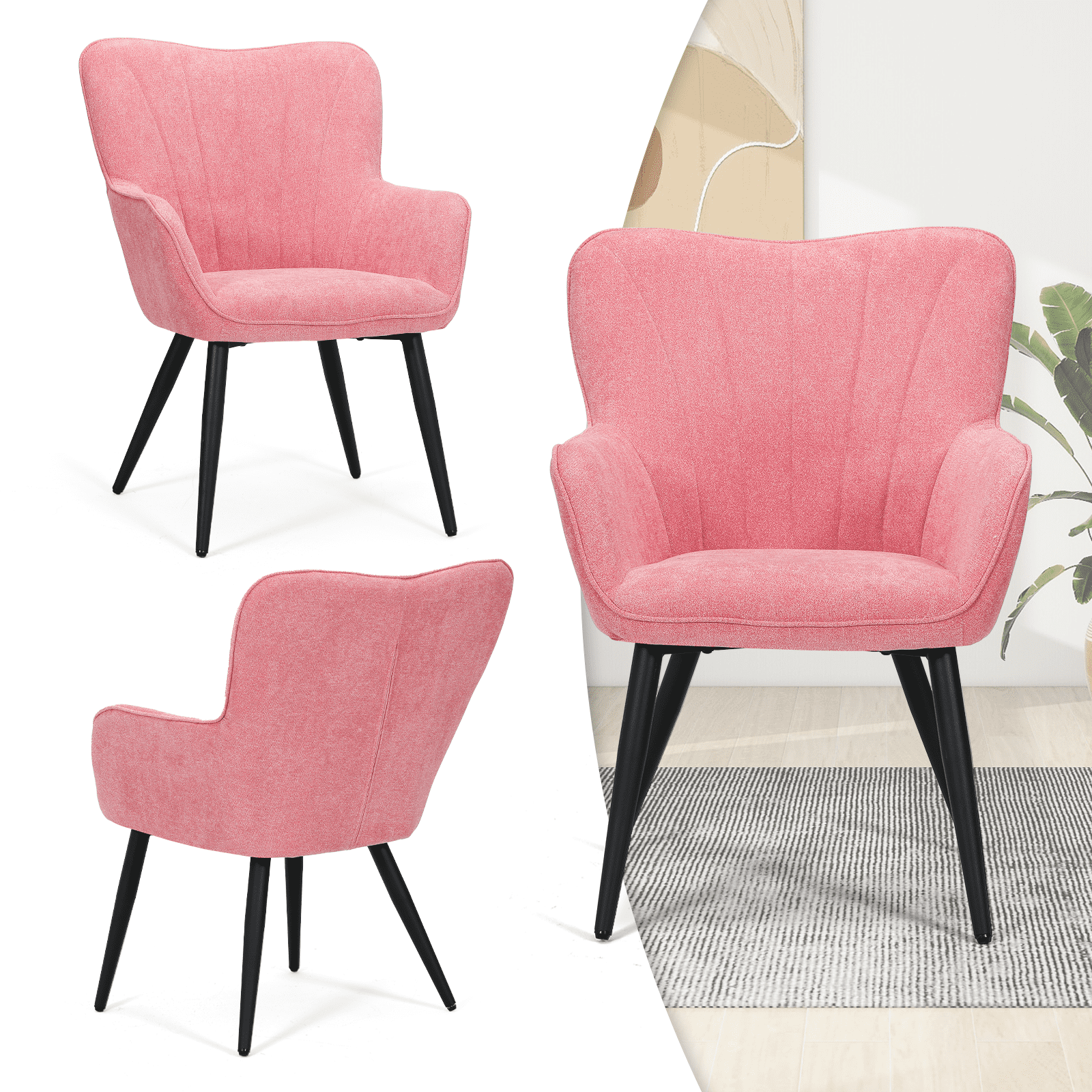 MoNiBloom Upholstered Accent Chair Set of 2, Armchair with Metal Leg, Shell Shape Cotton-linen Single Sofa Chair, for Living Room Bedroom, Soft Pink