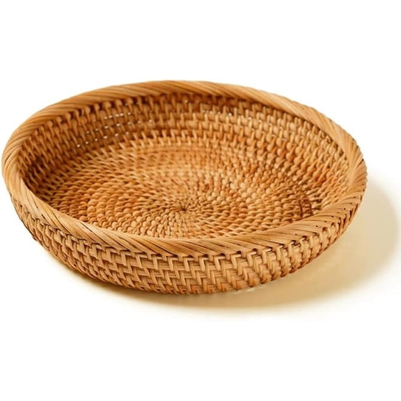 Woven Storage Basket, Round Rattan Serving Tray Desktop Fruit Plate Food Serving Platter Tabletop Coffee Table Organizer Container for Living Room Kitchen, Brown, 1 Pack