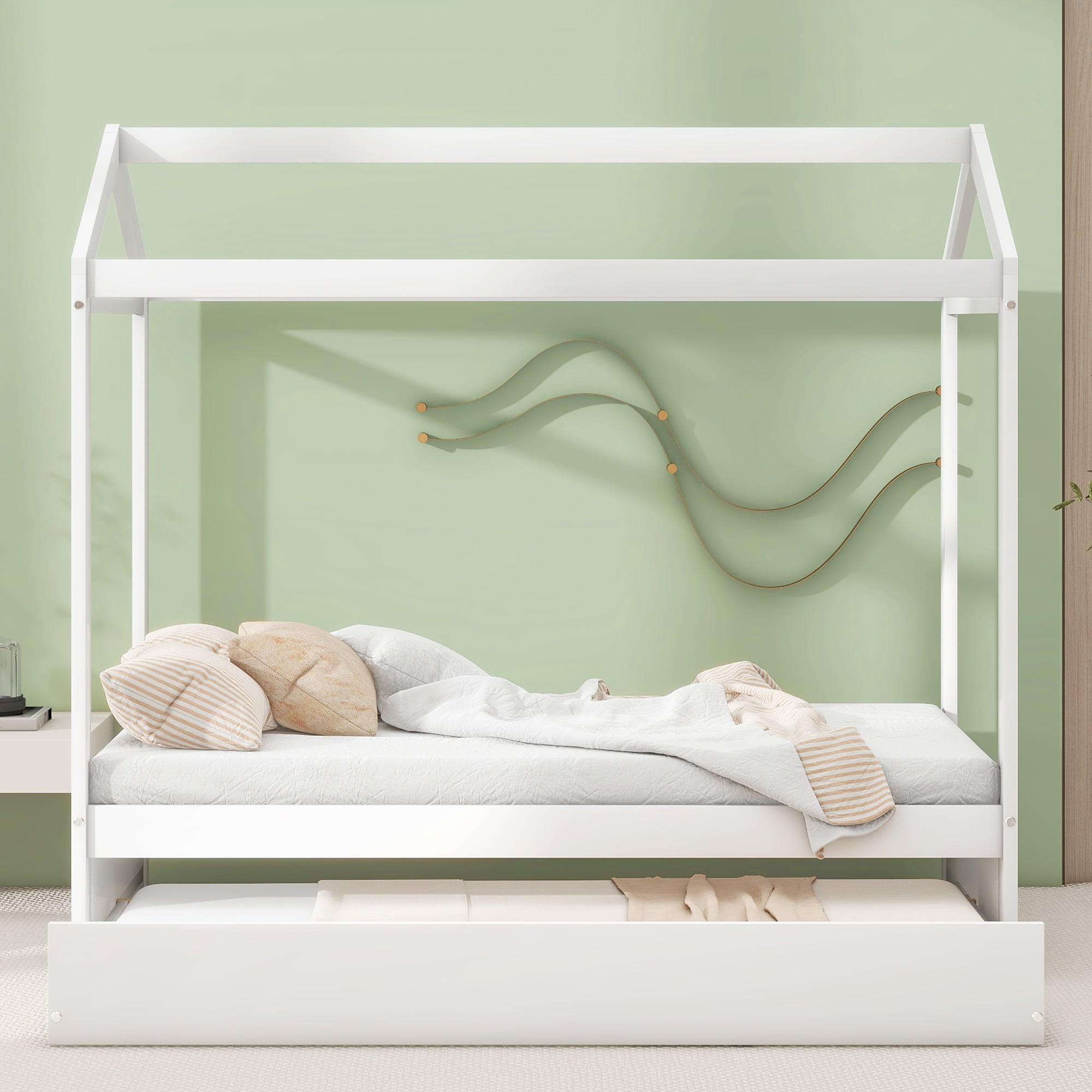 EUROCO Wood Twin Size Platform Bed, House Bed with Trundle, Solid Daybed for Kids Teens Toddler Bedroom