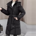 thumbnail image 3 of XPMWRP Women's Quilted Puffer Thickened Hooded Jacket Casual Cinched Waist Zipper Long Coat Solid Color Winter Warm Outerwear with Pockets Black XL, 3 of 9