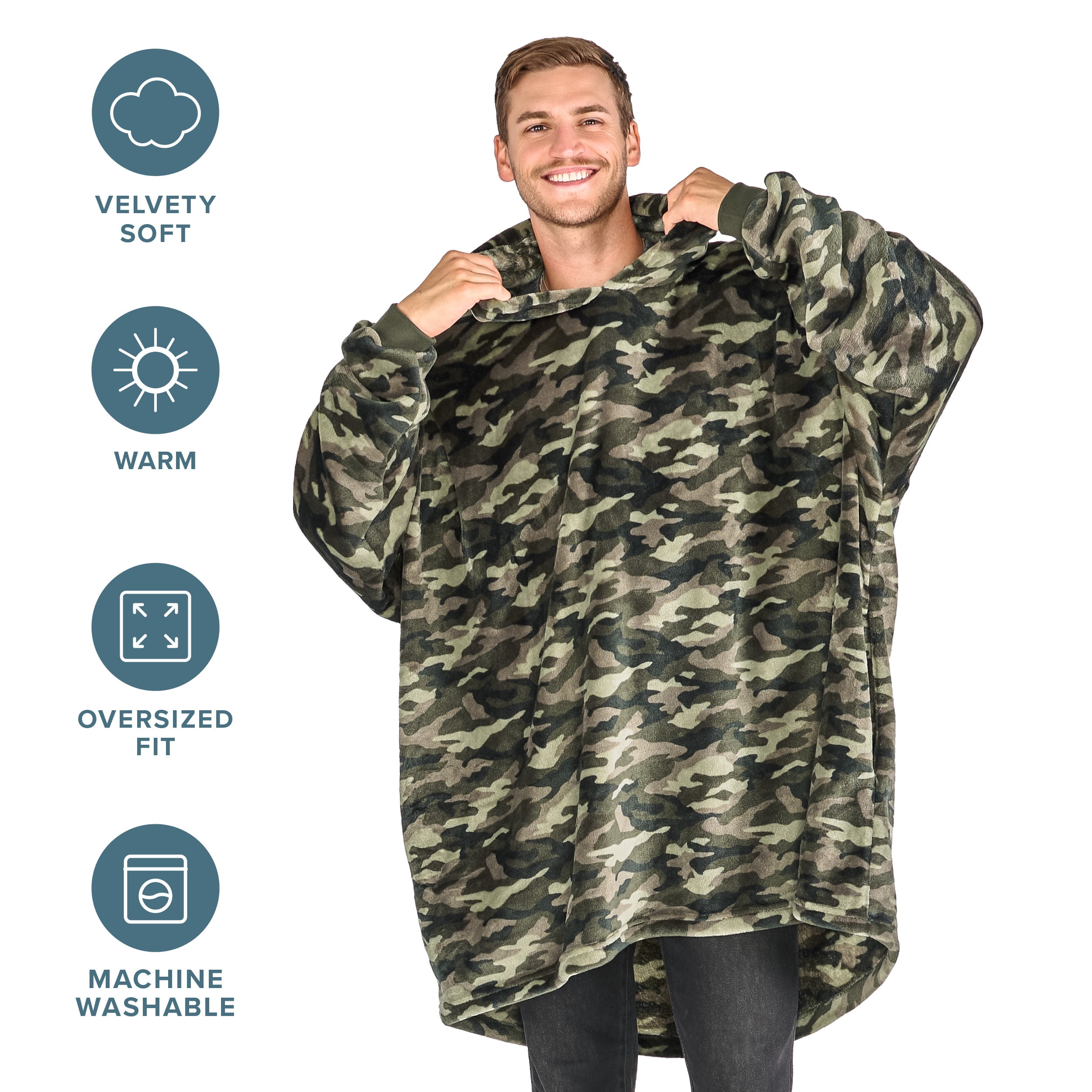 Bare Homey Adult Size Microplush Wearable Blanket - Zipper Side Pockets - Warm - Velvety Soft, Camo - Green