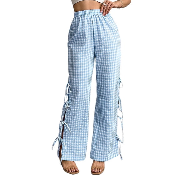 Womens Gingham Plaid Wide Leg Pants Y2k Lounge Pants Lace Up Loose Trousers S