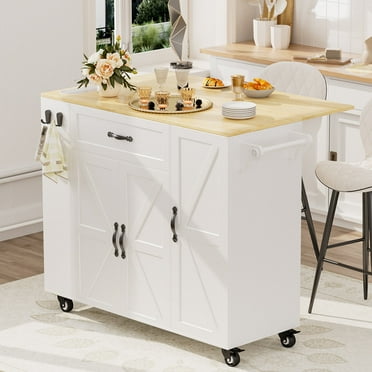 PPorfamilia 41.3" Kitchen Island Cart with Drop Leaf Tabletop and Storage, White