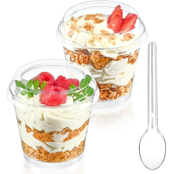 6 oz Mini Dessert Cups with Lids and Spoons 75 Pcs | Serves 25 | Small Plastic Cake Cups Round Party Serving Cups for Parfait, Appetizers, Mousse, Dessert Shot Glasses