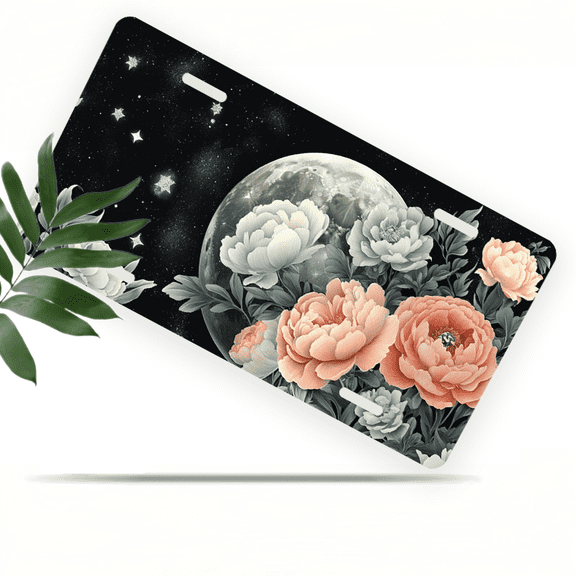 1 Pcs 2D Flat License Plate Covers & Frames, Moon and Flowers For Decorative Front, Waterproof For Decoration Aluminum License Plate Covers & Frames Cover For Men Women, 12" X 6"