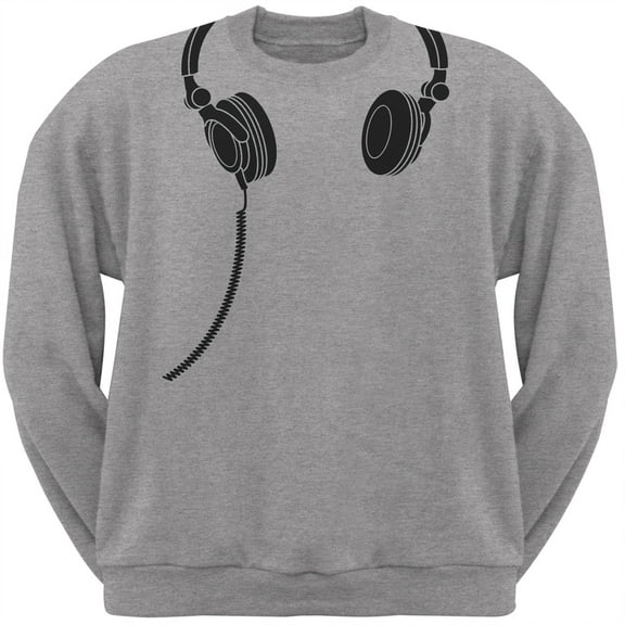 Headphones Grey Adult Crew Neck Sweatshirt - Large