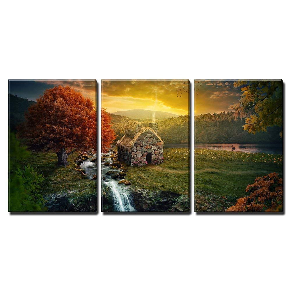 Wall26 3 Piece Canvas Wall Art - Beautiful nature scene with cottage in ...