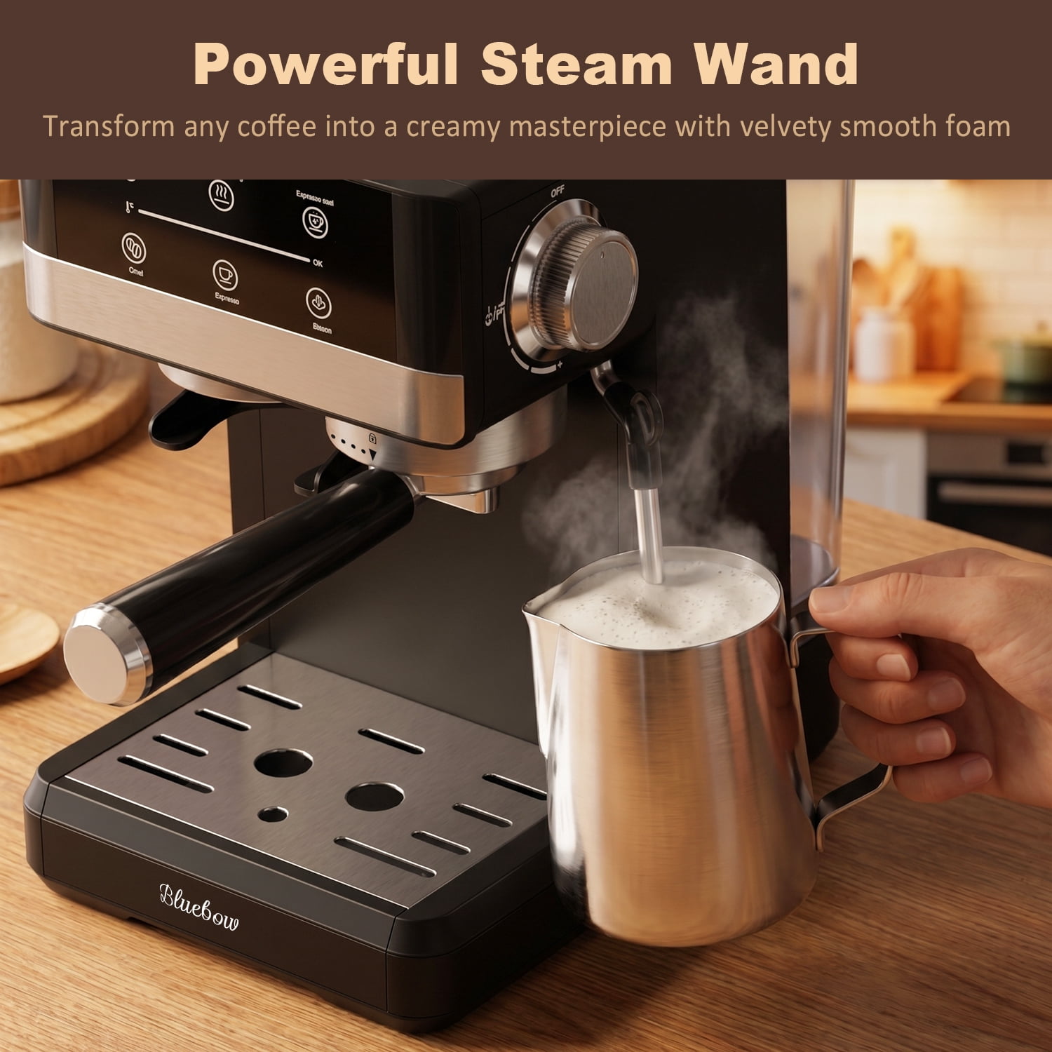 Bluebow Espresso Machine with Grinder, 20 Bar Semi-Automatic Coffee Maker with Milk Frother, Electric Touchscreen for Home Latte Cappuccino, Black