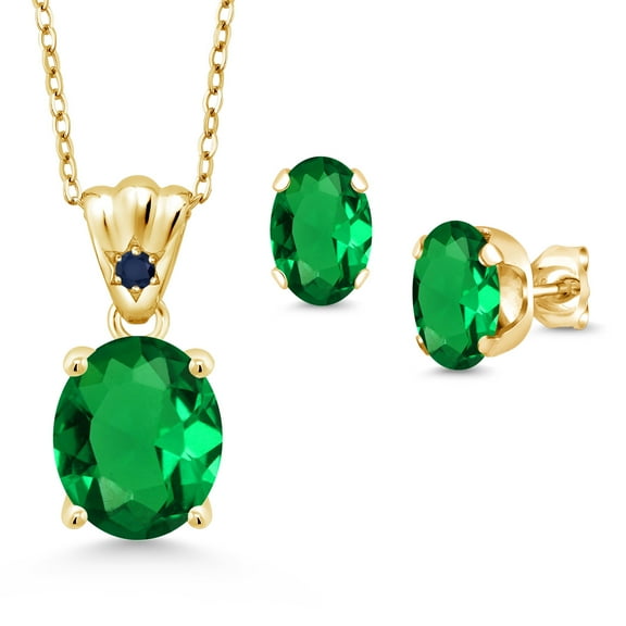 18K Yellow Gold Plated Silver Green Nano Emerald and Blue Sapphire Pendant and Earrings Jewelry Set for Women (4.29 Cttw, Gemstone Birthstone, Oval 11X9MM and 8X6MM with 18 inch Silver Chain)
