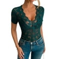 thumbnail image 3 of Mesh Top for Women Short Sleeve Crew Neck Fitted Top Solid Floral Lace Tee Shirts V Neck Sheer Blouses Dark Green S, 3 of 7
