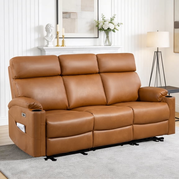 LVUYOYO 3-Seat Power Reclining Leather Sofa, Electric Recliner Couch with USB Ports & Cup Holders for Living Room or Apartment (Brown)
