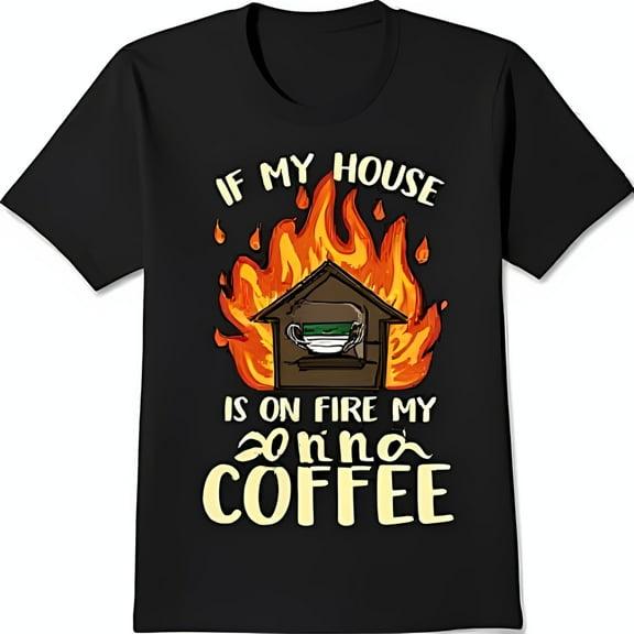 Funny Black T-Shirt with Coffee Graphic: 'If My House is on Fire' Design
