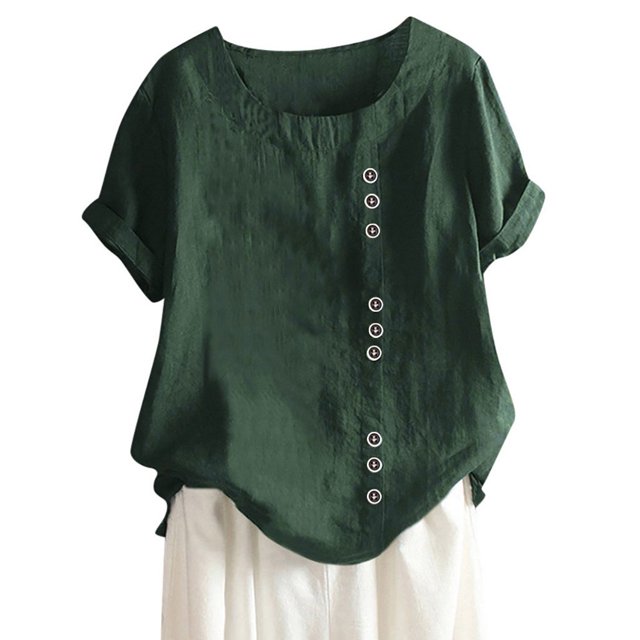 JUNWELL Spring Tops Womens Casual Loose Button Linen Plus Size Daily Boho Tanic T-shirt Blouse Tops Cute Tops White L