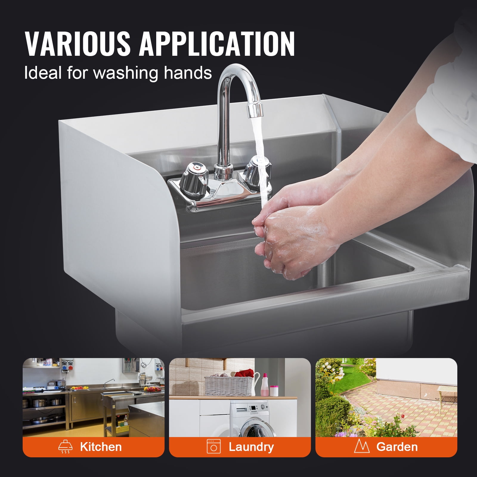KFFKFF Commercial Hand Wash Sink Wall Mount Basin 17"x12.8" Stainless Steel Sink