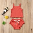 thumbnail image 2 of 2020 Summer Baby Girl Vest Top Suit Shorts Solid Color Vertical Stripes Elastic Waist Drawstring Bow Clothing Set, 2 of 4