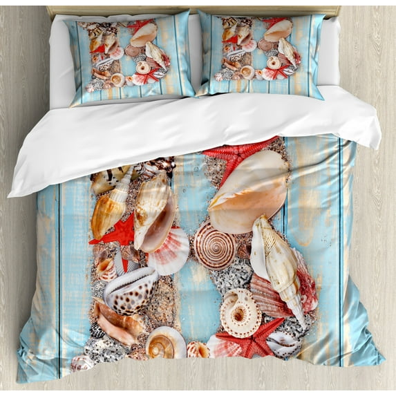 Letter B Duvet Cover Set Queen Size, Alphabet ABC Ocean Theme Elements Starfish Seashell Pale Color, Decorative 3 Piece Bedding Set with 2 Pillow Shams, Pale Blue Ivory Dark Coral, by Ambesonne