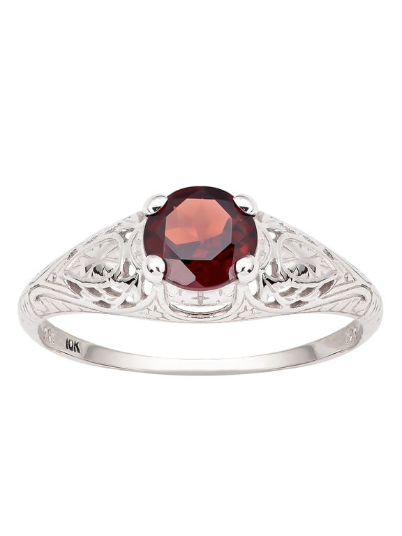 10k White Gold Vintage Style Genuine Round Garnet Scroll Ring
