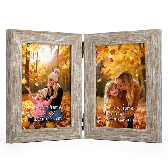 3.5x5 Double Picture Frame, 2-Opening Hinged Folding Frame for Tabletop or Wall Display, Beige