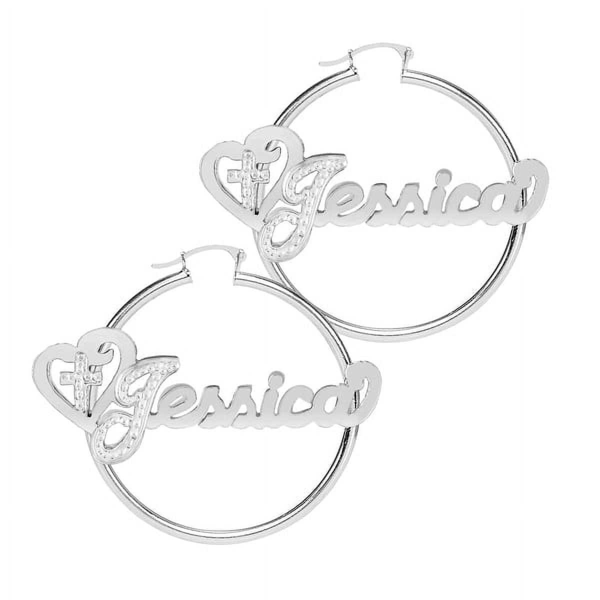 Personalized Religious Hoop Name Earrings With Beading and Rhodium on First Initial