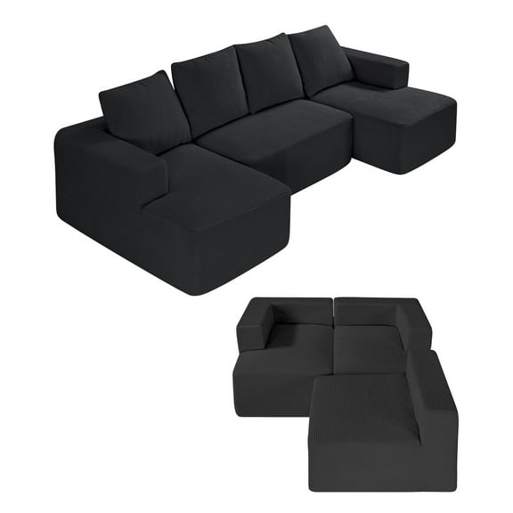 VEVOR Modular Sectional Sofa, U Shaped Modular Sofa with Chaise, Cloud Sectional Couch with High Rebound Sponge and Density, Upholstered Corduroy Couch with Cushion for Living Room, Bedroom, Black