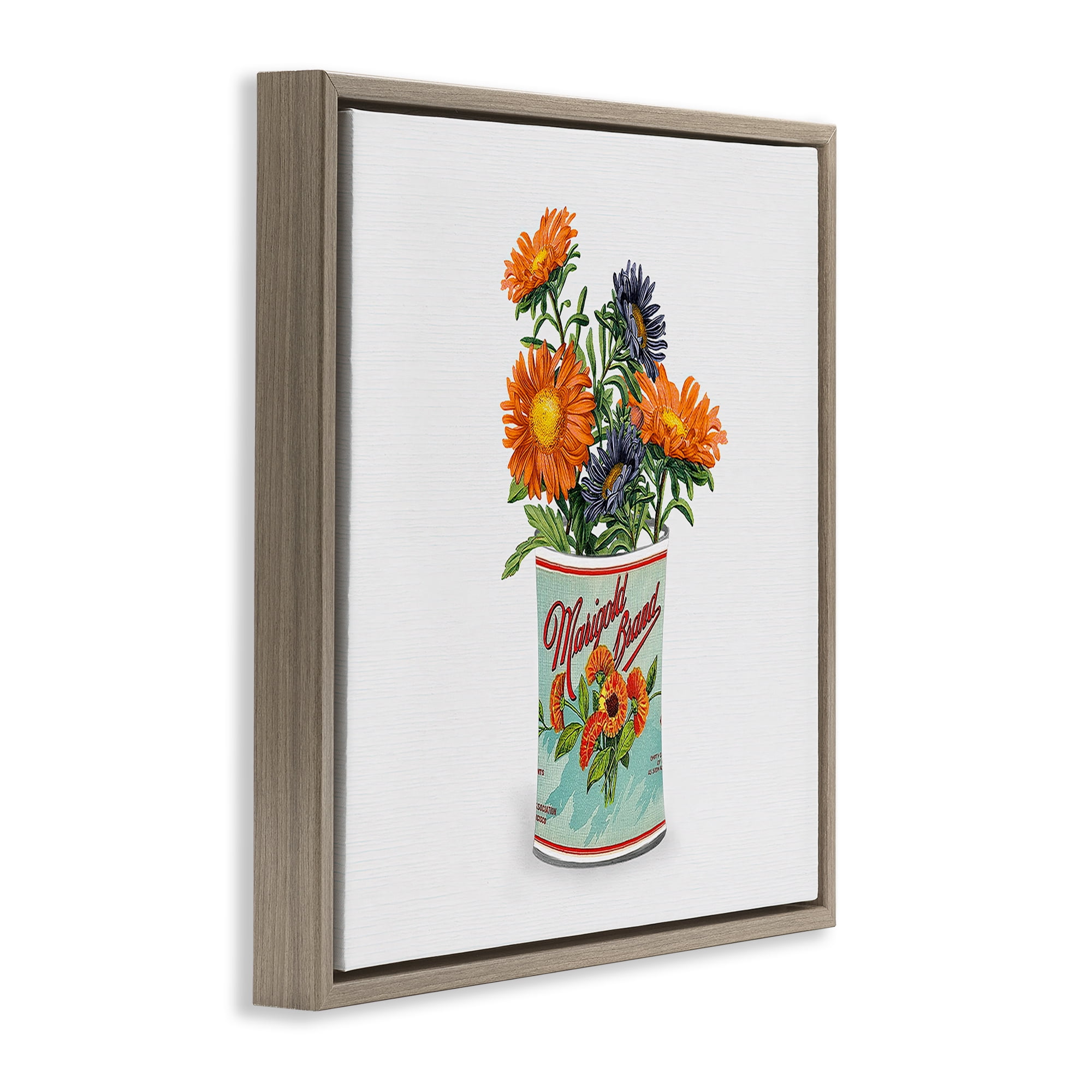 Stupell Industries Nostalgic Marigold Tin Bouquet Brown Framed Floater Canvas Wall Art, design by Val Rhodes