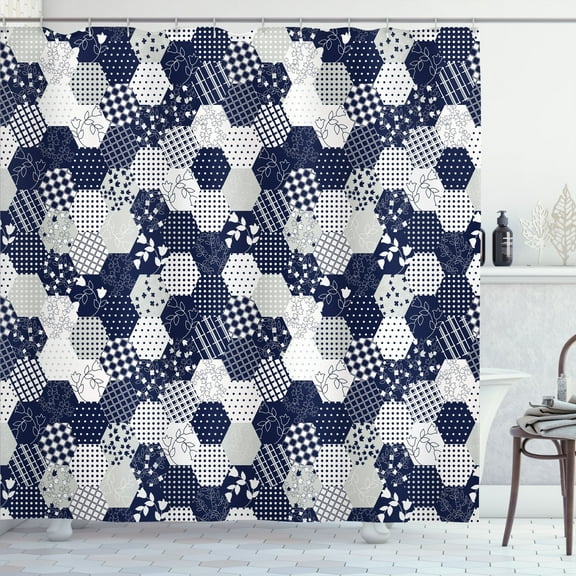 Ambesonne Navy Shower Curtain, Patchwork Style Dots Star, 69"Wx70"L, Navy and White