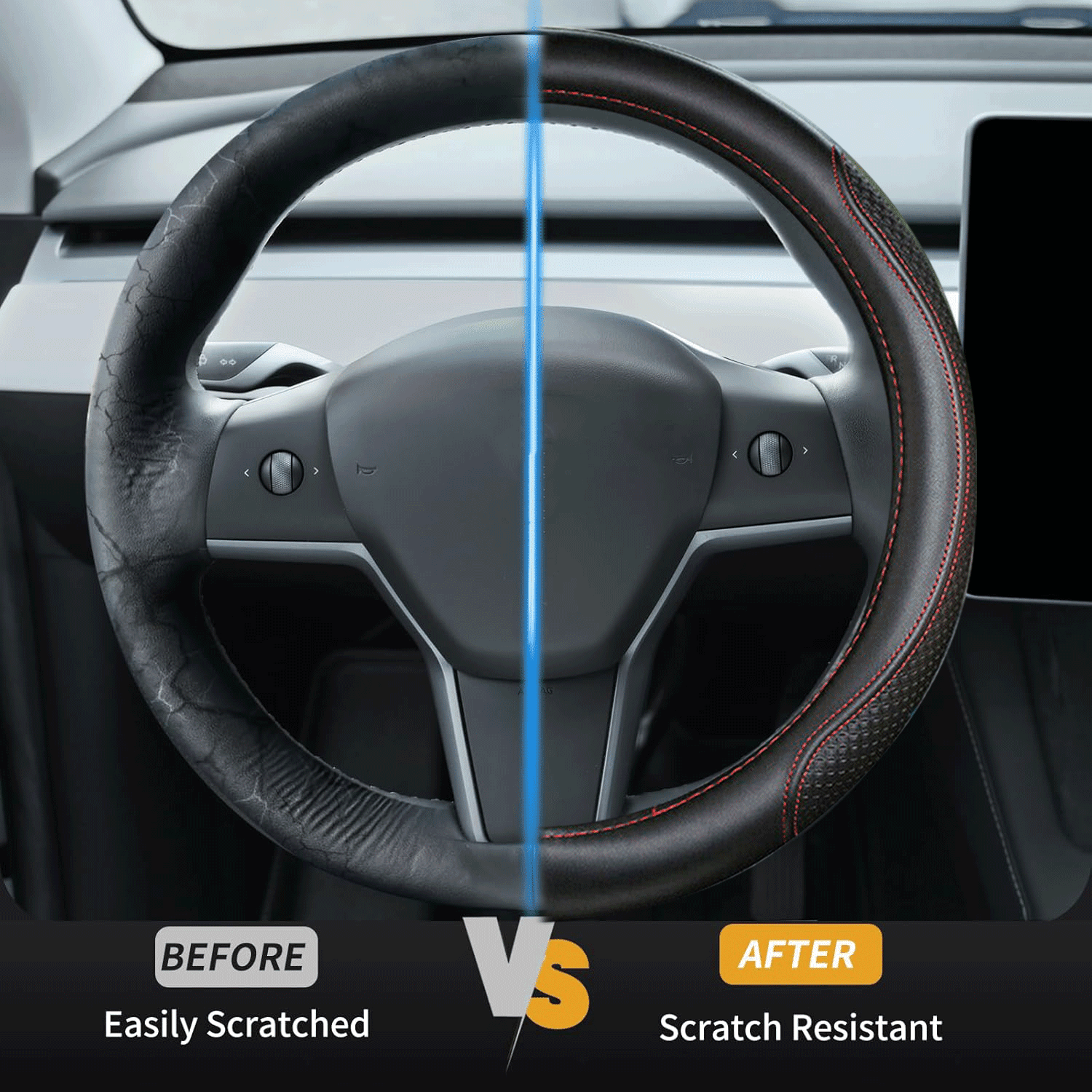 Customized Auto Leather Car Steering Wheel Cover for Honda Civic, CR-Z, Insight, S2000, 14" - 14.25" (Black+Red Line-Small Size)