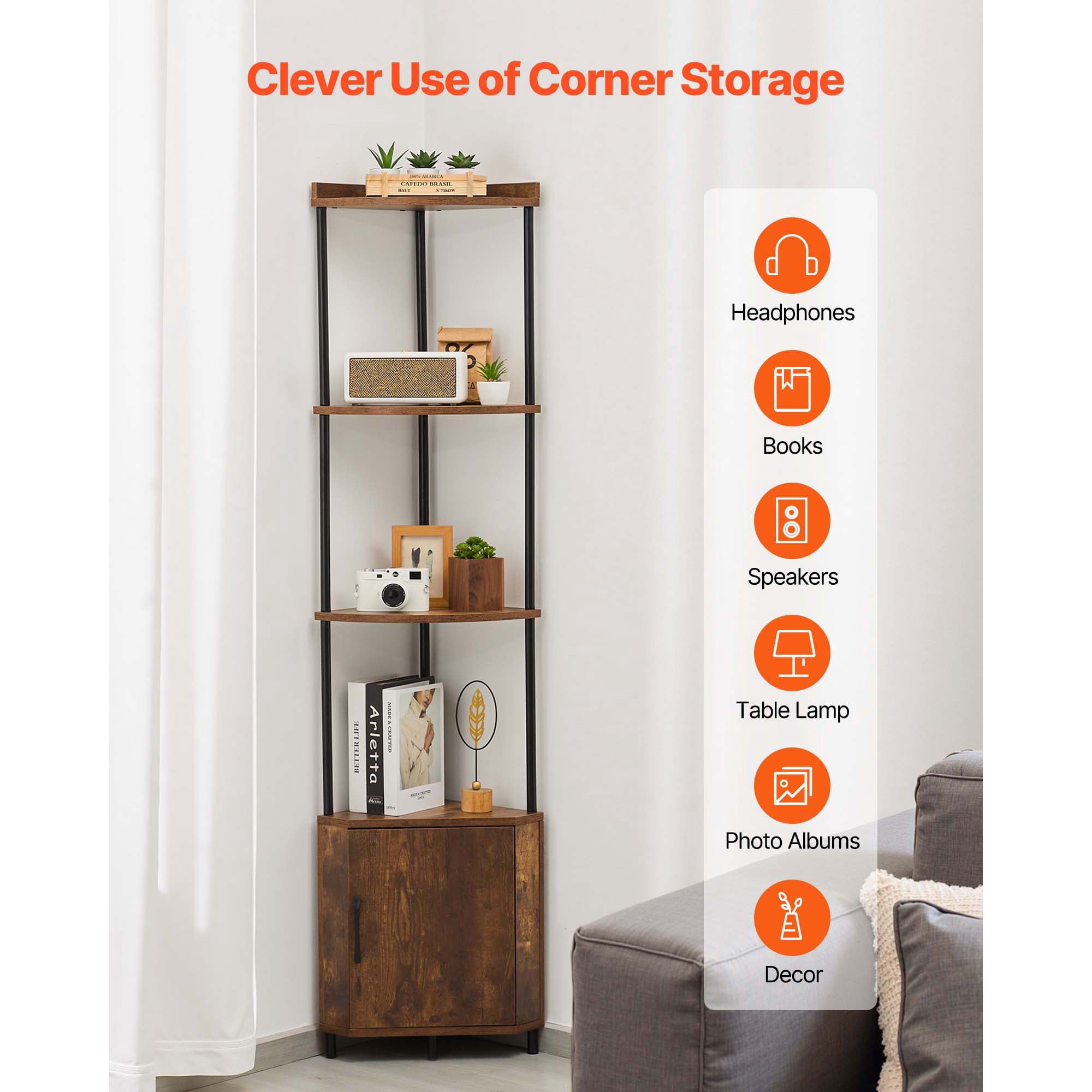 KFFKFF 5-Tier Corner Shelf with LED Lighting, 65.4" Tall Storage Unit with Cabinet, Multi-Color Display Controlled by Remote or App for Bedroom, Living Room, or Office