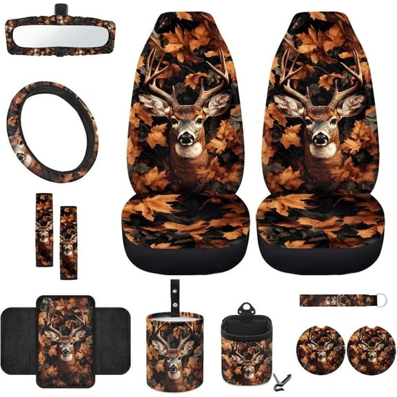 Jeiento Deer Camo Hunting 12 Pcs Front Car Seat Cover Set with Steering Wheel Cover Seat Belt Pads Armrest Cover Coaster Trash Bag Air Vent Storage Bag Rearview Mirror Cover Keychain Auto Accessory