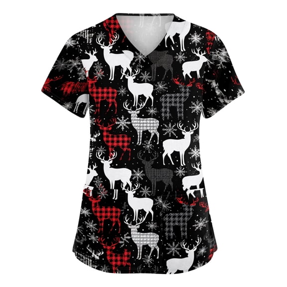 Garbnen S-5XL Christmas Womens Scrub Top Xmas Tree Printed Plus Size Womens Work Clothes Fall Winter Funny Merry and Bright Xmas Nurse Uniforms with Pockets
