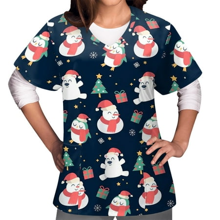 

Scrubs Tops for Women Christmas Print V-Neck Short Sleeve Working Uniform Blouse Scrub Tops Working Blouse Casual Workwear Scrub Shirt with Pockets