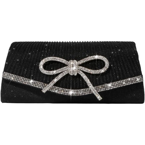 Women's Black Rhinestone Bow Evening Clutch Bag, Sparkly Chain Shoulder Crossbody Purse for Wedding & Party