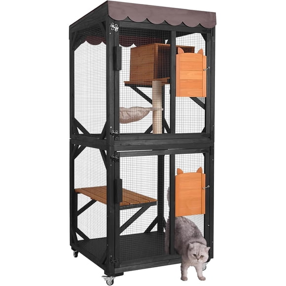 Catio Outdoor Cat House Movable Enclosures on Exercise Wheels Cat Cage with Upgraded Resting Box Cover (Grey L)